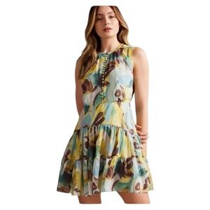 Ted Baker London Ellain Printed Tier Mini Dress in Teal Multi Size US 4